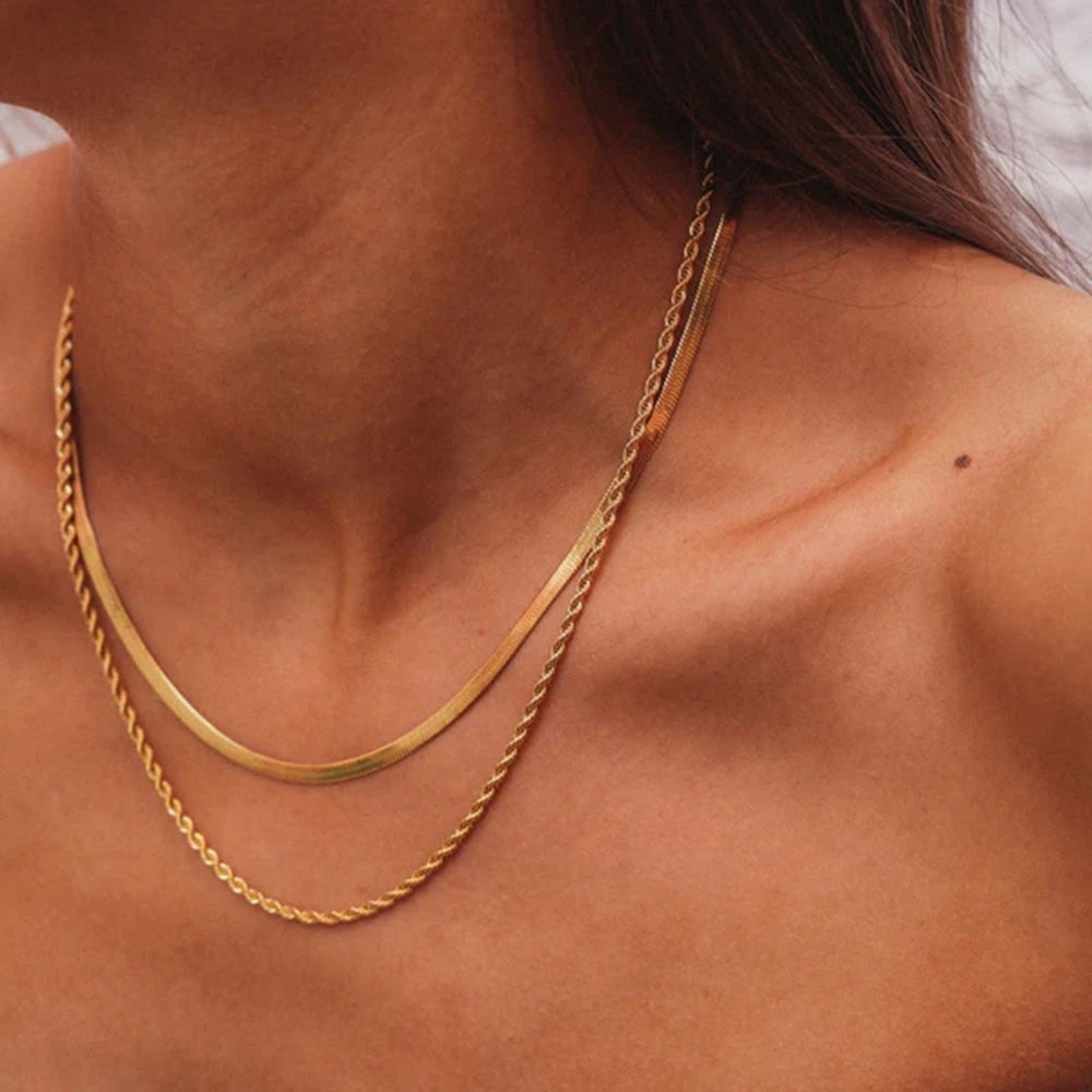 18K Gold Plated Double Layered Necklace*Herringbone Snake Chain*Rope Chain*YB